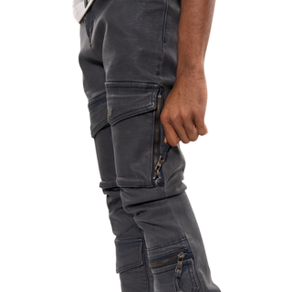 WAX COATED MULTI CARGO FLARE DENIM