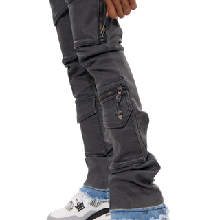 WAX COATED MULTI CARGO FLARE DENIM