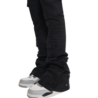 STUDDED WARRIOR CARGO FLARE FIT DENIM