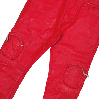 WAX COATED AND CROSS PRINTED STACK DENIM