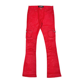 WAX COATED AND CROSS PRINTED STACK DENIM