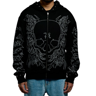 TRIBAL SKULL STUDDED ZIP BLACK/SILVER